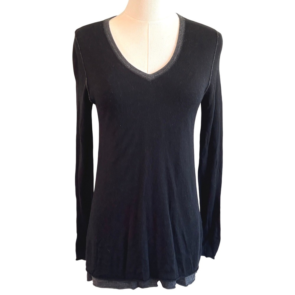 Kokun Double Layered Black Gray Cashmere Bamboo V-Neck Sweater Top Dark Academia